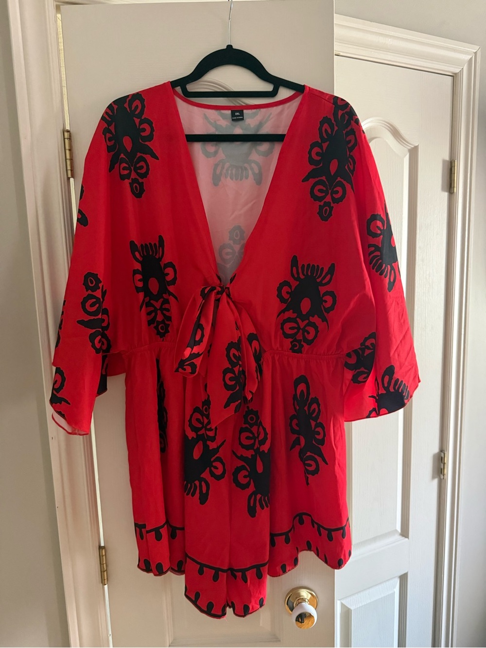 SHEIN Red Tie-Front Romper with Black Floral Print